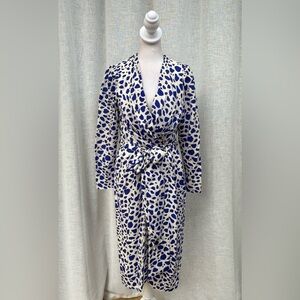 Vintage CHR white brocade with blue spots silk wrap dress